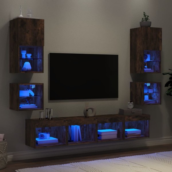 Muebles TV pared con LED 8 pzas madera ingeniería roble ahumado