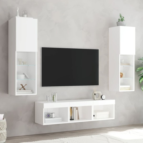 Muebles de TV de pared con LED 5 pzas madera ingeniería blanco