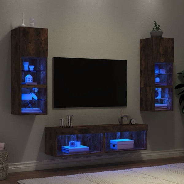 Muebles TV pared con LED 6 pzas madera ingeniería roble ahumado