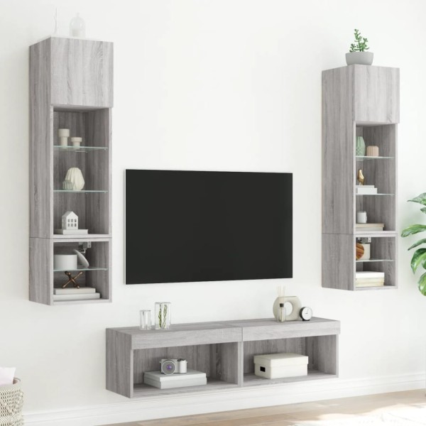 Muebles TV pared con LED 6 pzas madera ingeniería gris Sonoma