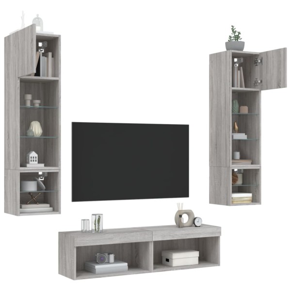 Muebles TV pared con LED 6 pzas madera ingeniería gris Sonoma