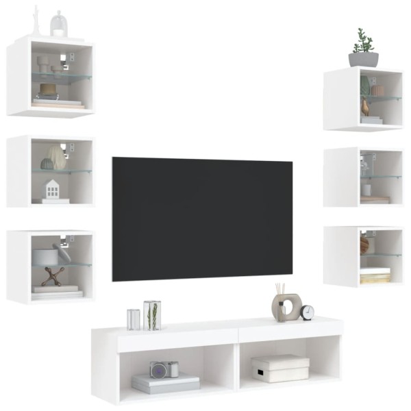 Muebles de TV de pared con LED 8 pzas madera ingeniería blanco