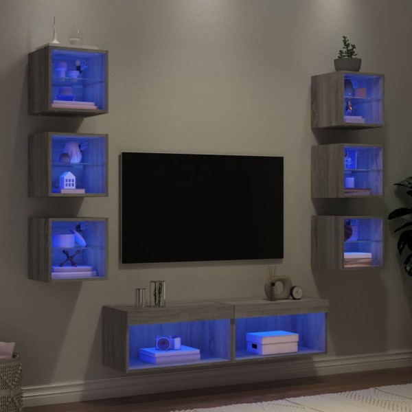 Muebles TV pared con LED 8 pzas madera ingeniería gris Sonoma