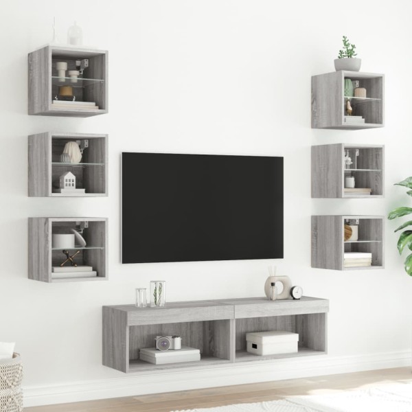 Muebles TV pared con LED 8 pzas madera ingeniería gris Sonoma