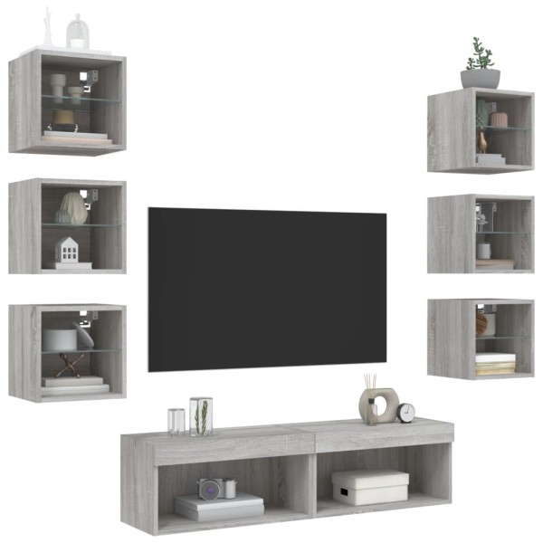 Muebles TV pared con LED 8 pzas madera ingeniería gris Sonoma