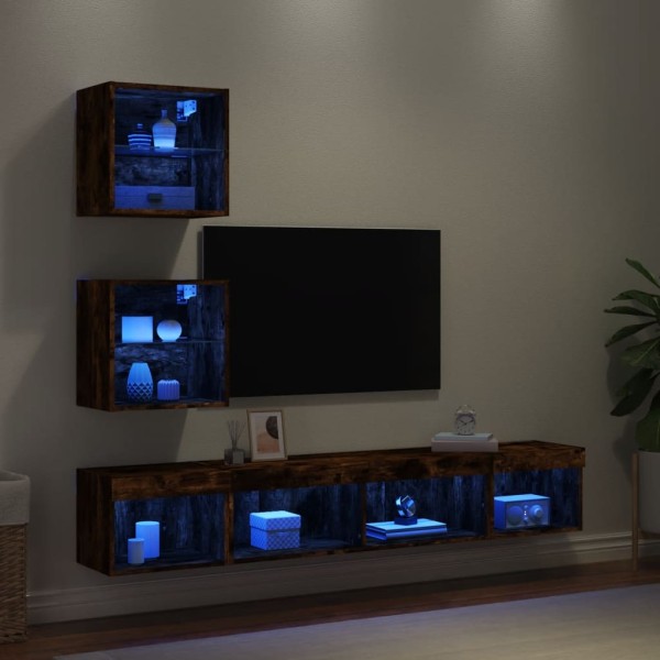 Muebles TV pared con LED 5 pzas madera ingeniería roble ahumado