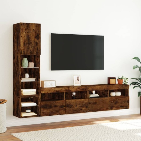 Muebles TV pared con LED 4 pzas madera ingeniería roble ahumado