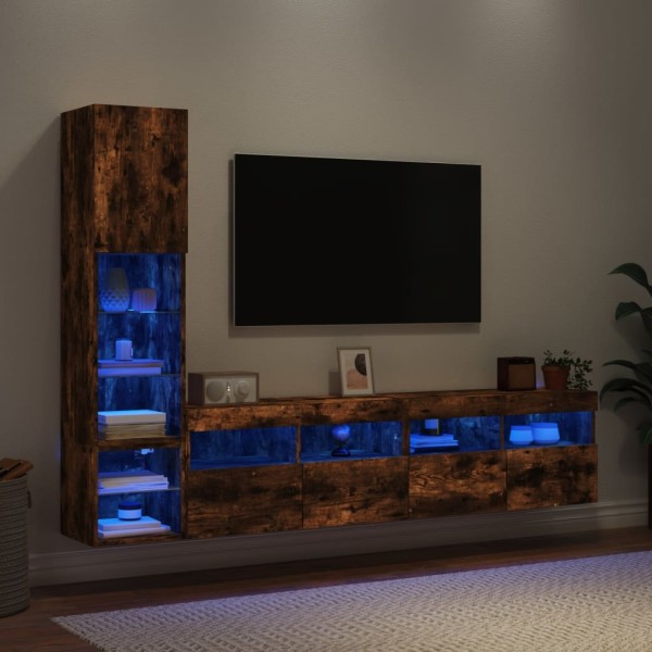 Muebles TV pared con LED 4 pzas madera ingeniería roble ahumado