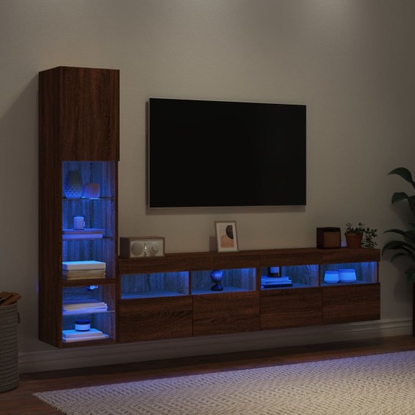 Muebles TV pared con LED 4 pzas madera ingeniería marrón roble