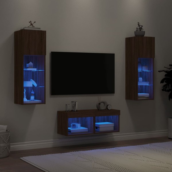 Muebles de TV de pared con luces LED 4 piezas marrón roble