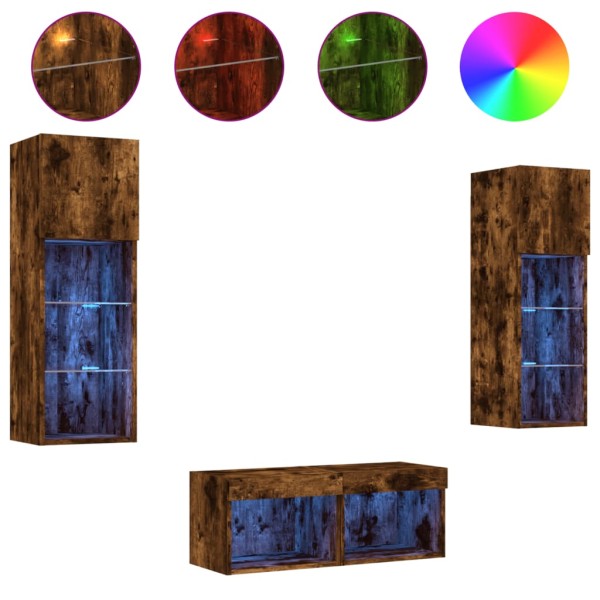 Muebles de TV de pared con luces LED 4 piezas roble ahumado