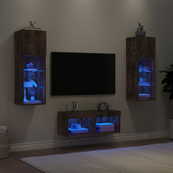 Muebles de TV de pared con luces LED 4 piezas roble ahumado