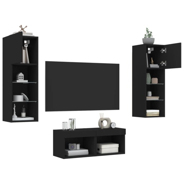 Muebles de TV de pared con luces LED 4 piezas negro