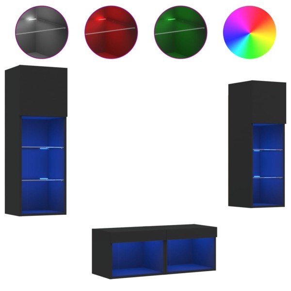 Muebles de TV de pared con luces LED 4 piezas negro