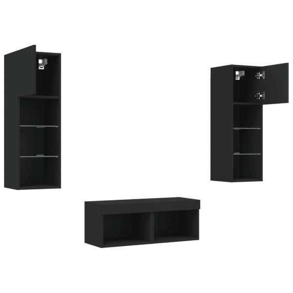 Muebles de TV de pared con luces LED 4 piezas negro