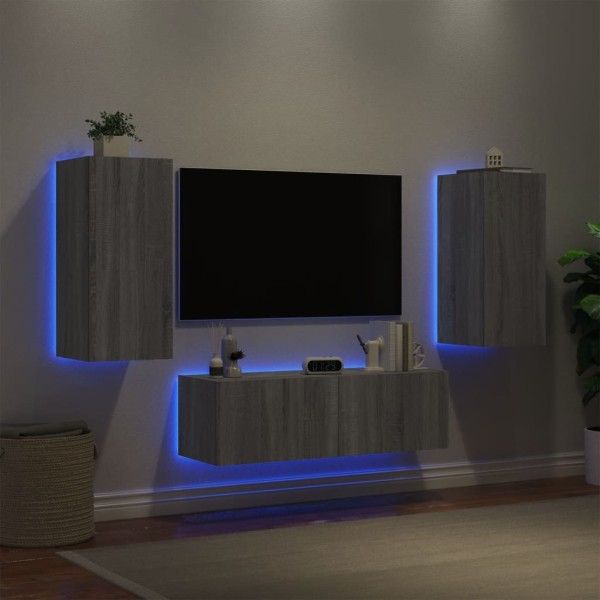 Muebles de TV de pared con luces LED 3 piezas gris Sonoma