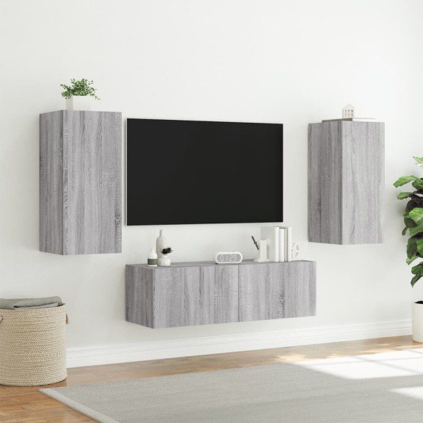 Muebles de TV de pared con luces LED 3 piezas gris Sonoma