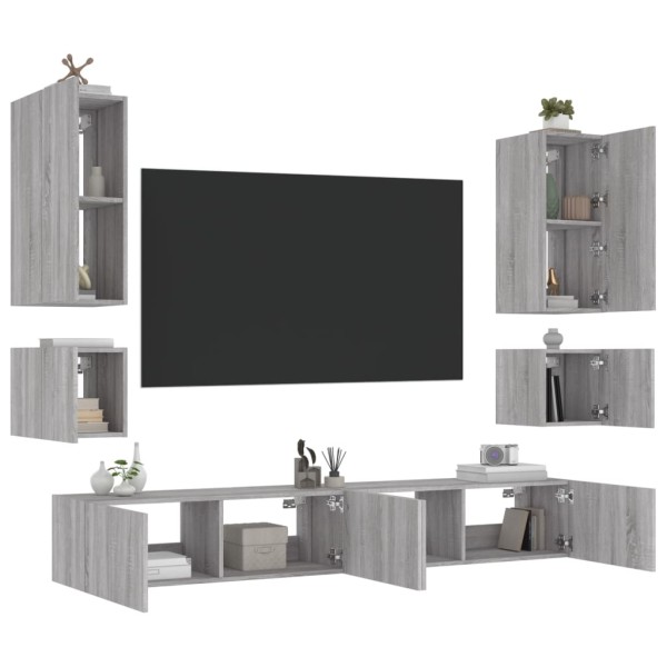 Muebles de TV de pared con luces LED 6 piezas gris Sonoma