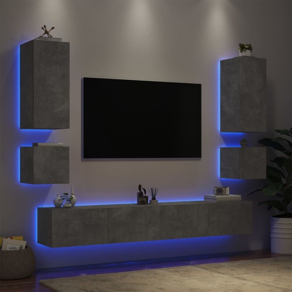 Muebles de TV de pared con luces LED 6 piezas gris hormigón