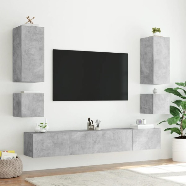 Muebles de TV de pared con luces LED 6 piezas gris hormigón