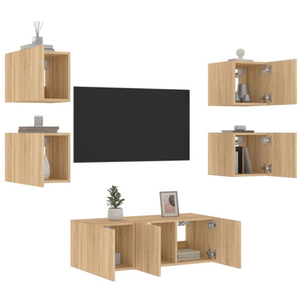 Muebles TV pared con LED 6 pzas madera ingeniería roble Sonoma