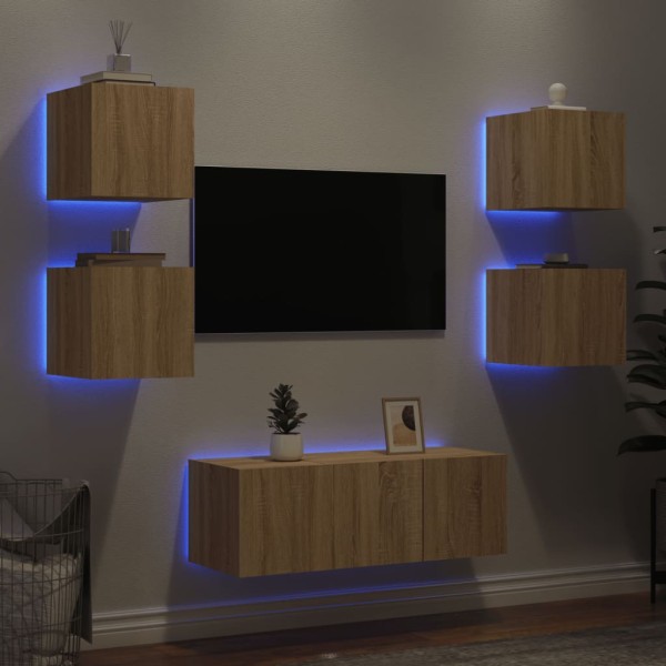 Muebles TV pared con LED 6 pzas madera ingeniería roble Sonoma