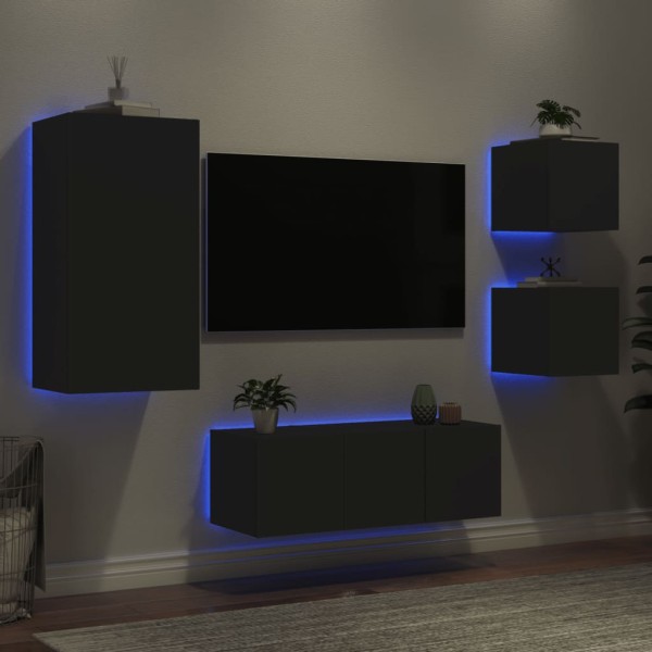 Muebles de TV de pared con LED 5 pzas madera ingeniería negro