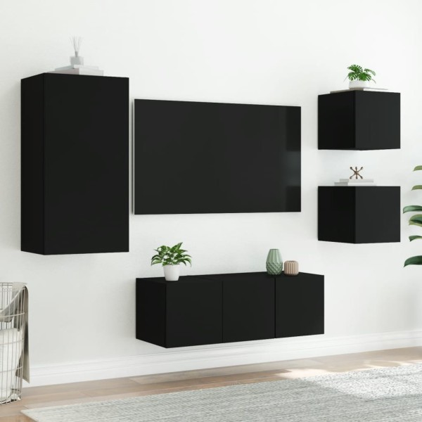 Muebles de TV de pared con LED 5 pzas madera ingeniería negro