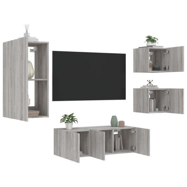 Muebles TV pared con LED 5 pzas madera ingeniería gris Sonoma