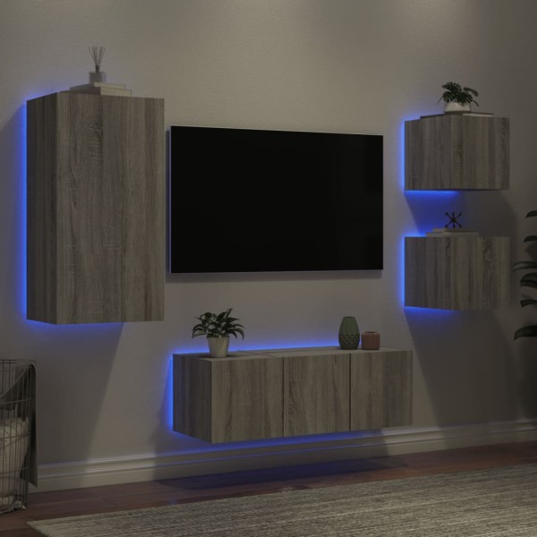 Muebles TV pared con LED 5 pzas madera ingeniería gris Sonoma