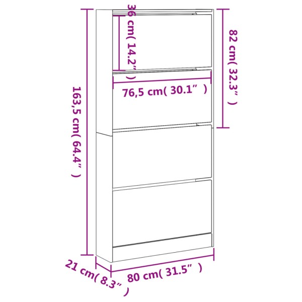 Mueble zapatero 4 cajones abatibles gris hormigón 80x21x163,5cm