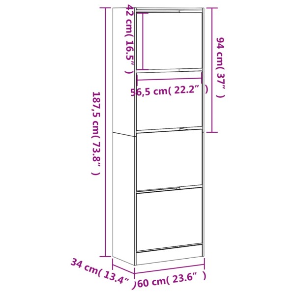 Mueble zapatero con 4 cajones abatibles blanco 60x34x187,5 cm