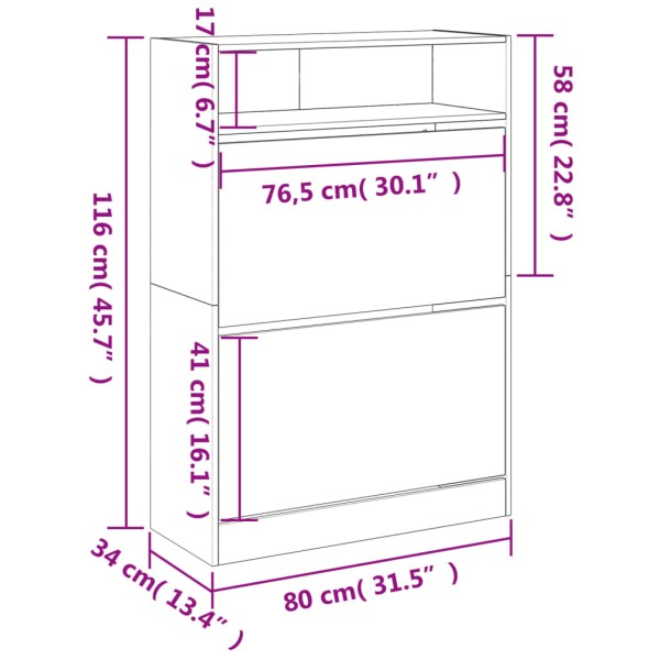 Mueble zapatero 2 cajones abatibles gris hormigón 80x34x116 cm