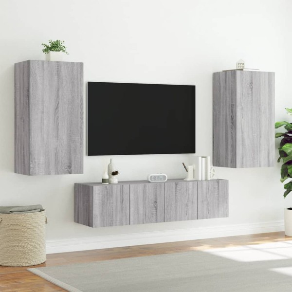 Muebles TV pared con LED 4 pzas madera ingeniería gris Sonoma