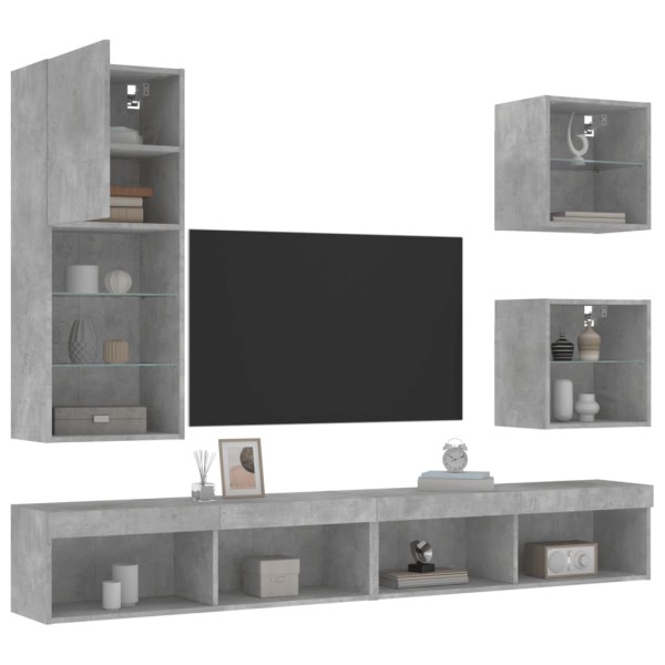 Muebles TV pared con LED 5 pzas madera ingeniería gris hormigón