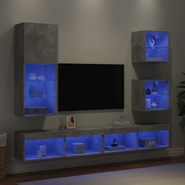 Muebles TV pared con LED 5 pzas madera ingeniería gris hormigón