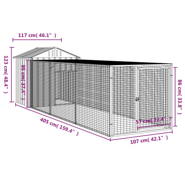 Gallinero con corral acero galvanizado gris 117x405x123 cm