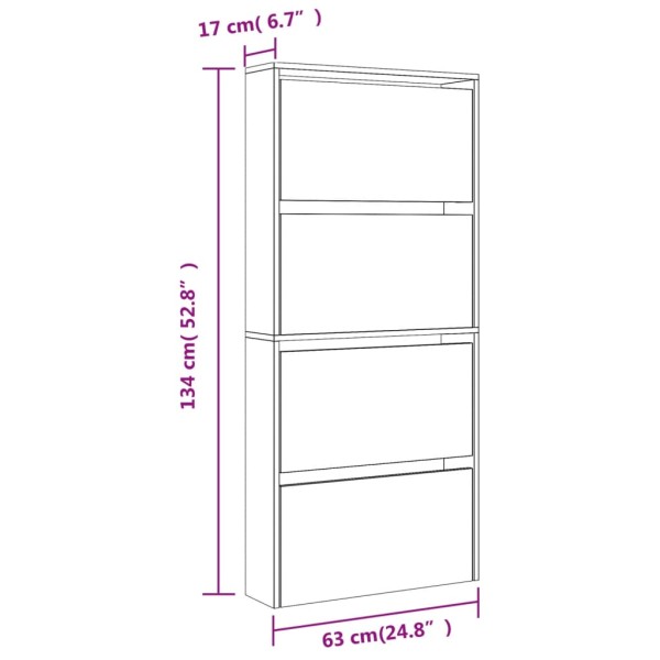 Mueble zapatero con espejo 4 niveles blanco brillo 63x17x134 cm