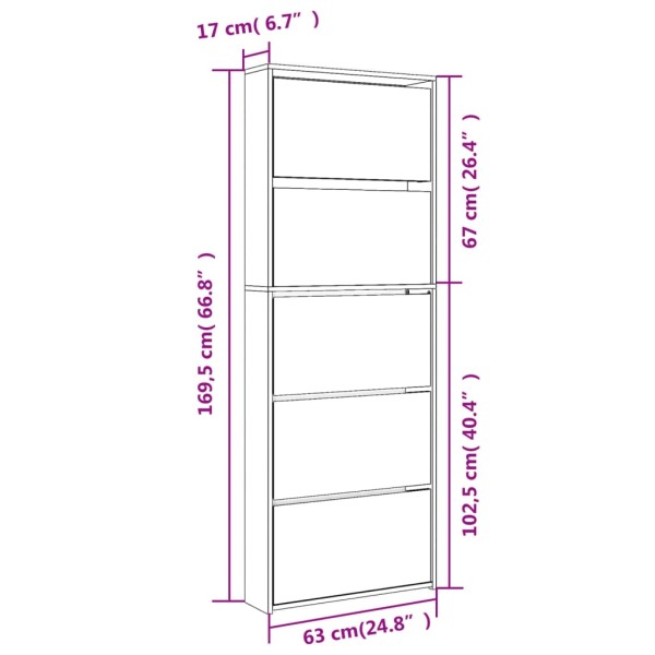 Mueble zapatero y espejo 5 niveles roble ahumado 63x17x169,5 cm