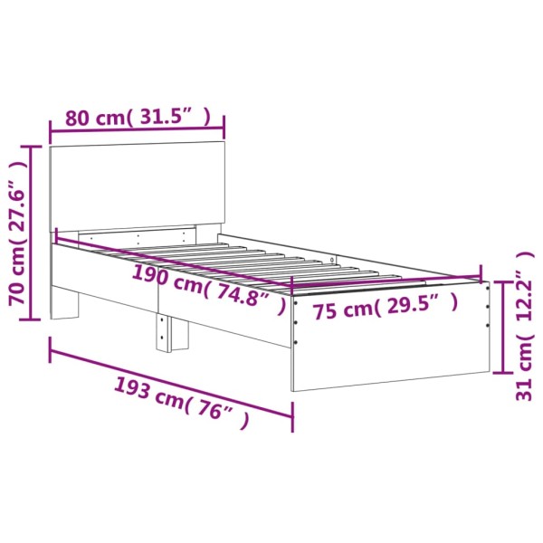 Cama con cabecero madera de ingeniería gris hormigón 75x190 cm