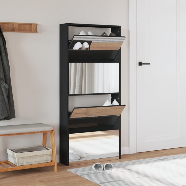 Mueble zapatero con espejo 4 niveles negro 63x17x134 cm