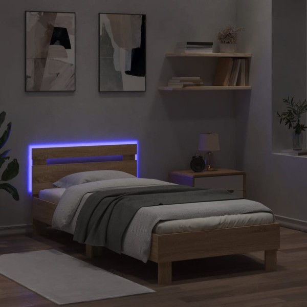 Estructura de cama cabecero luces LED roble Sonoma 75x190 cm