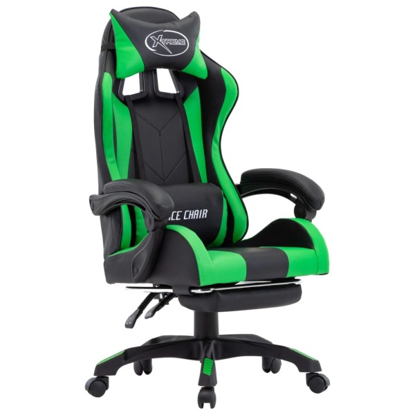 Silla gaming con reposapiés cuero sintético verde y negro