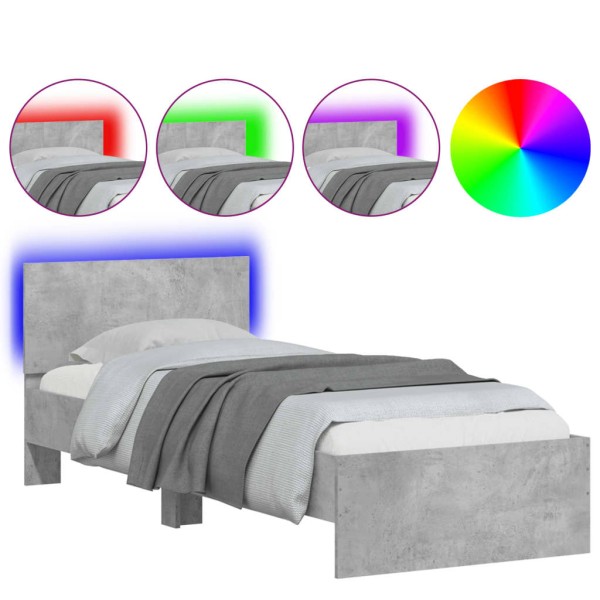 Estructura de cama cabecero luces LED gris hormigón 90x200 cm