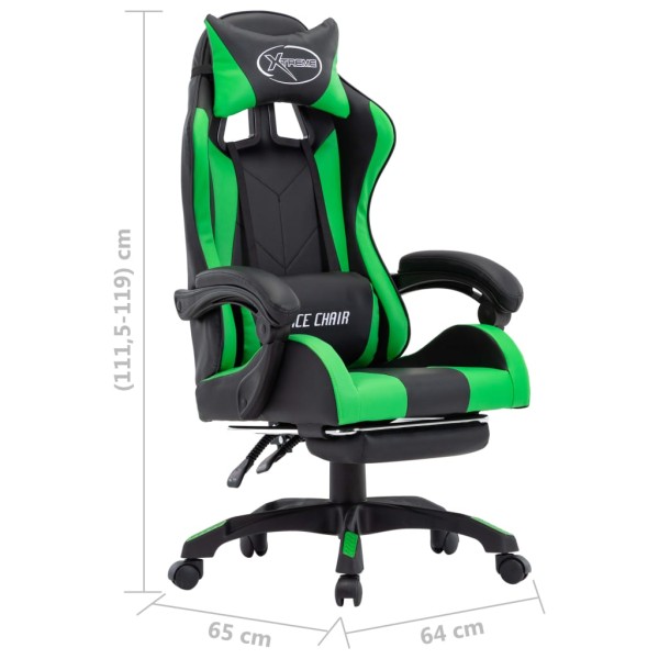 Silla gaming con reposapiés cuero sintético verde y negro