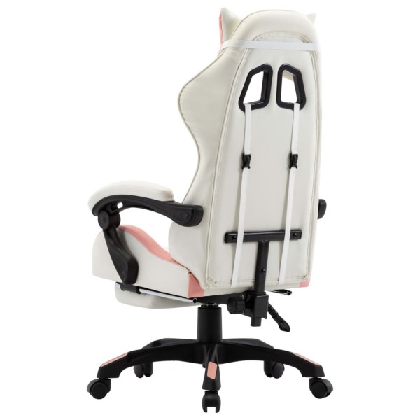 Silla gaming con reposapiés cuero sintético rosa y blanco