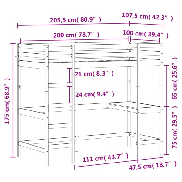 Cama alta con escritorio madera maciza pino marrón 100x200 cm