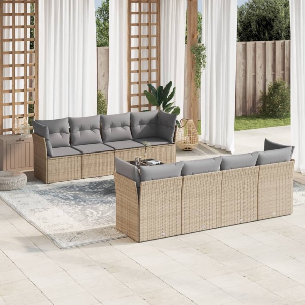 Set de sofás de jardín 9 pzas con cojines ratán sintético beige