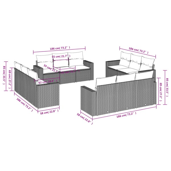 Set de sofás de jardín 12 pzas y cojines ratán sintético marrón