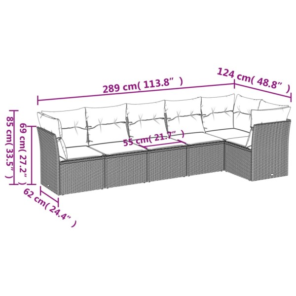 Set sofás de jardín 6 piezas y cojines ratán sintético marrón